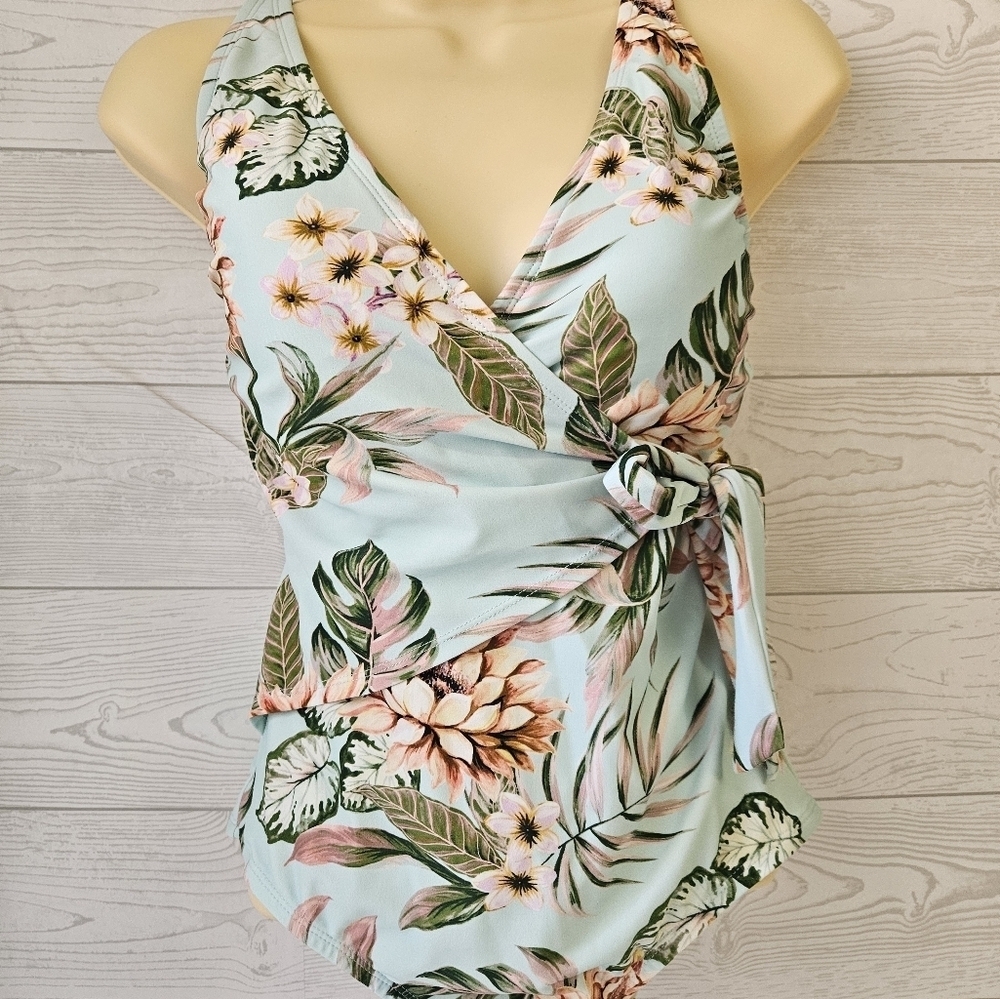Kona Sol- Women's Blue Tropical Wrap-Front Full Coverage One Piece Sz S